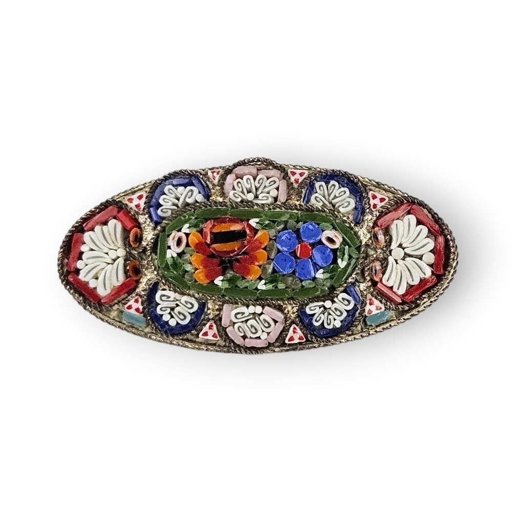 Vintage Mosaic Flower Brooch RM Italy Multicolor Colorful Italian Oval 1.5" Long